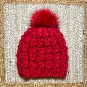 Poppy Red Chunky Knit Beanie with Pom-Pom